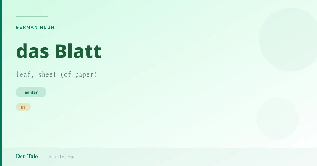 das Blatt — German neuter noun meaning leaf, sheet (of paper) (B1)