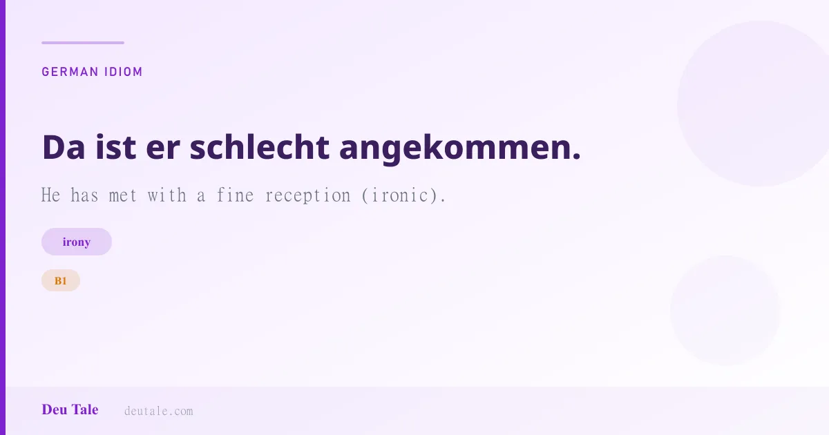 Da ist er schlecht angekommen. — German idiom meaning: He has met with a fine reception (ironic). (B1)