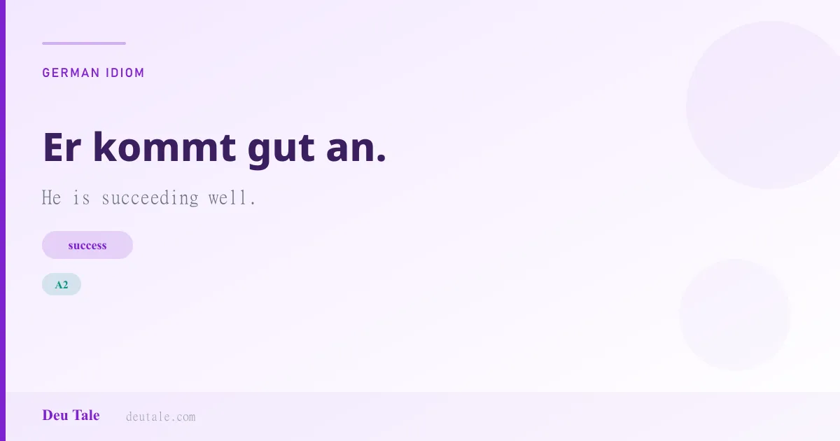 Er kommt gut an. — German idiom meaning: He is succeeding well. (A2)